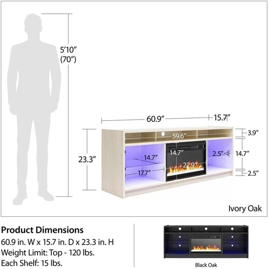 Luna Ivory Oak 65" Fireplace TV Stand with Adjustable Glass Shelves