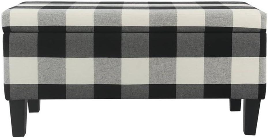 Large Decorative Storage Bench Black Plaid - HomePop: Upholstered Ottoman for Bedroom & Entryway