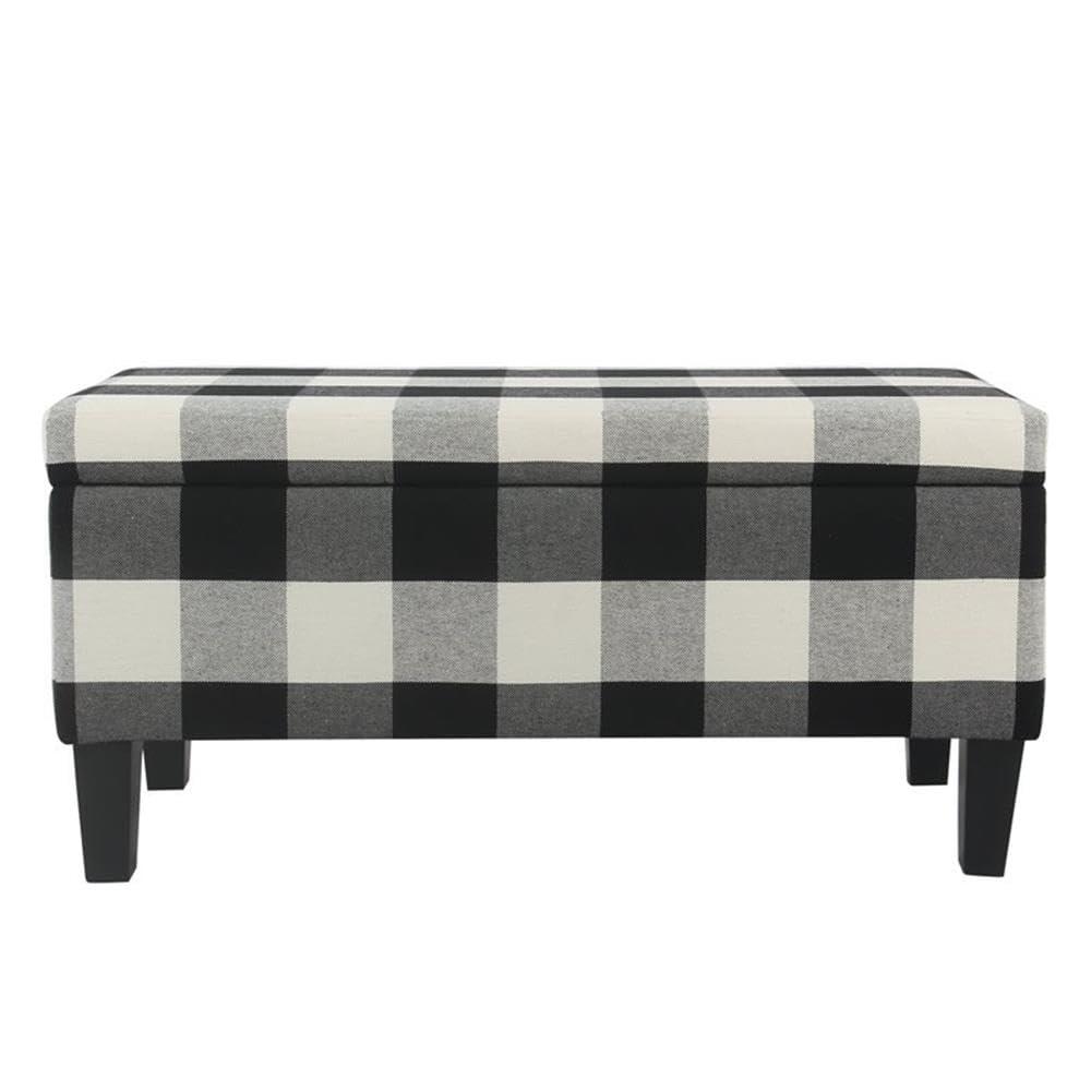 Large Decorative Storage Bench Black Plaid - HomePop: Upholstered Ottoman for Bedroom & Entryway