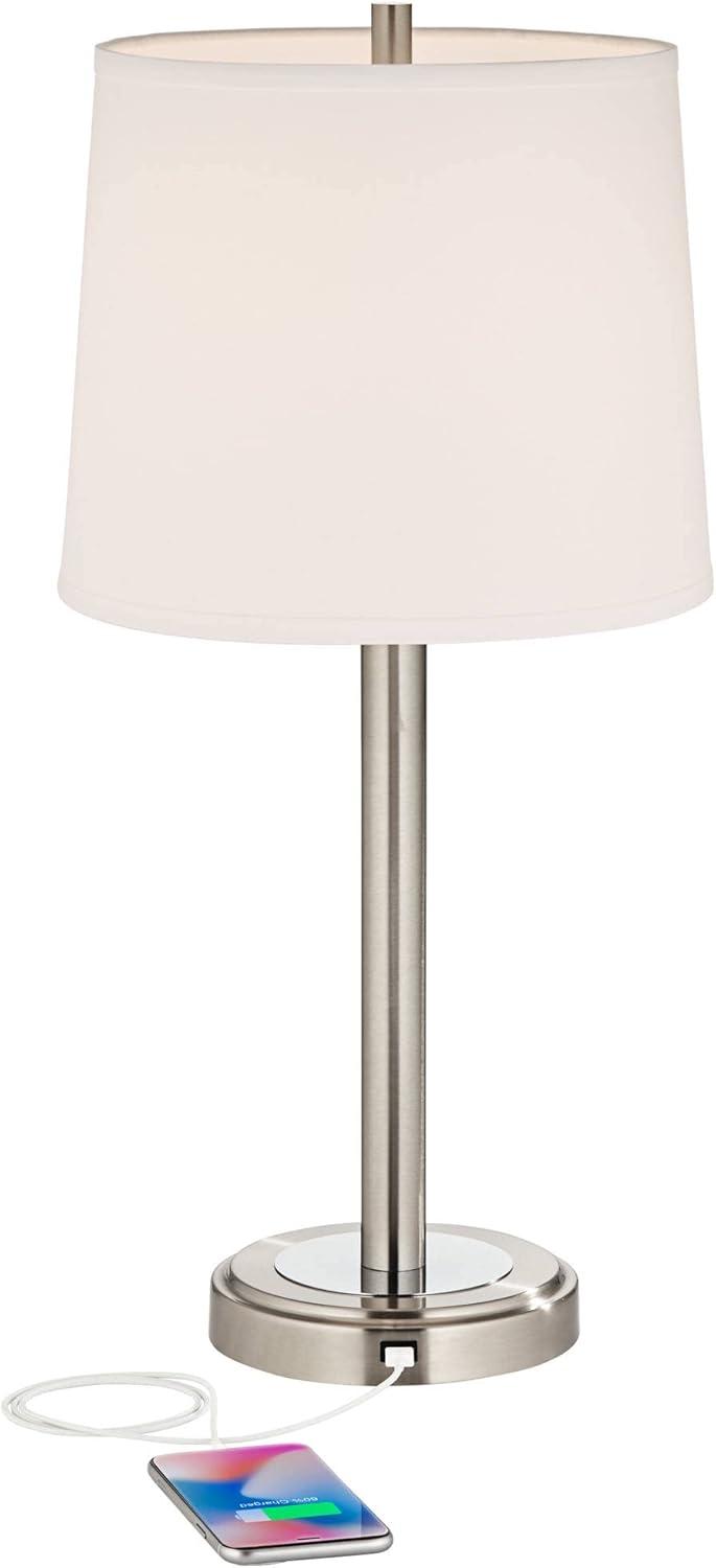 360 Lighting Camile Modern Table Lamps 25" High Set of 2 Brushed Nickel with USB Charging Port Off White Drum Shade for Living Room Office House Desk