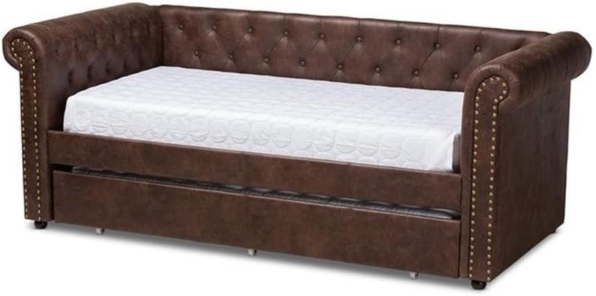 Baxton Studio Twin Brown Mabelle Faux Leather Daybed with Trundle: Upholstered, Wood Composite Frame, Polyester Fill