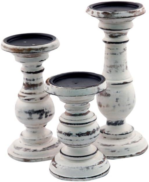 Distressed White Mango Wood Pillar Candle Holders, Set of 3