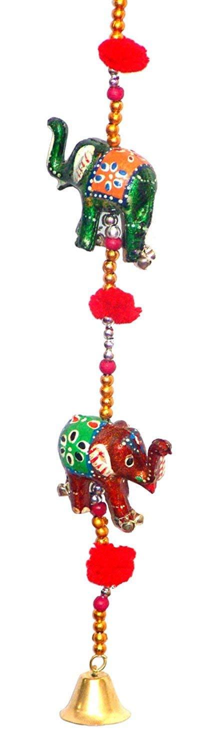 Rastogi Handicrafts Decorative Hanging Five Hand Painted Multi Color Resin Elephant with Beads and Brass Bell Size-76 cm