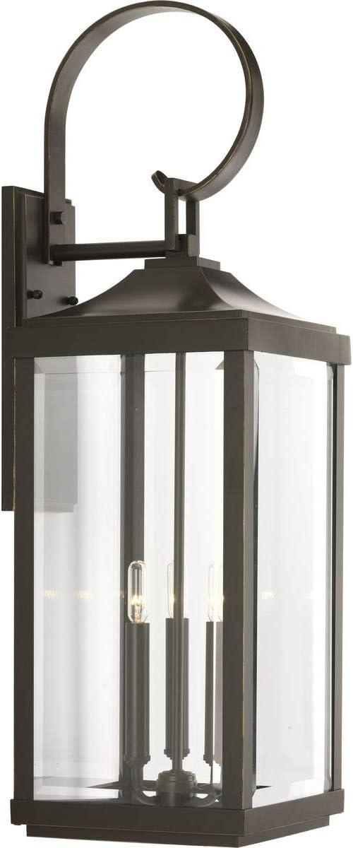 Progress Lighting Gibbes Street 3-Light Wall Lantern in Antique Bronze with Clear Beveled Glass Shade