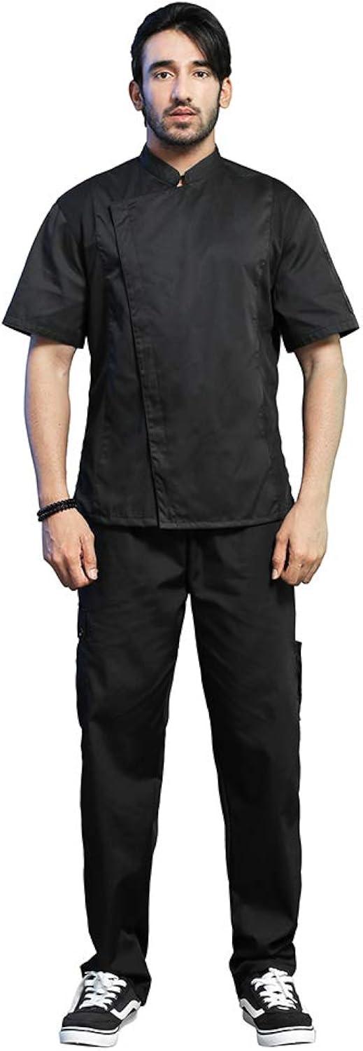 Unisex Black Short Sleeve Chef Coat with Mandarin Collar