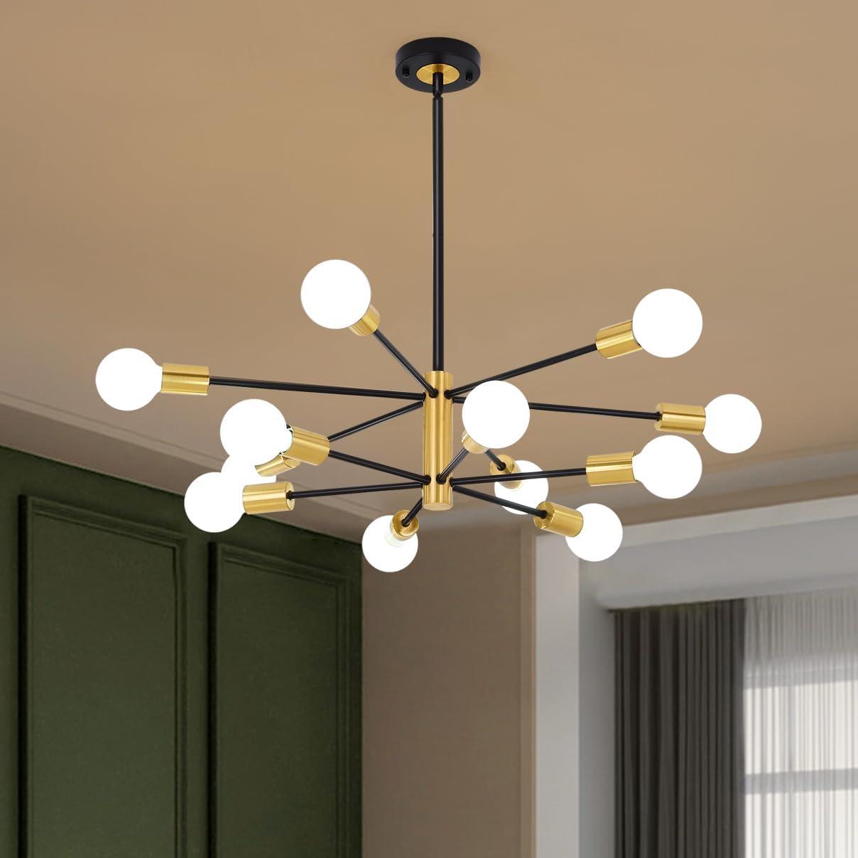 Kaisite  12-Light Modern Sputnik Chandeliers Black & Gold Ceiling Light Fixtures for Dining Room Living Room Bedroom