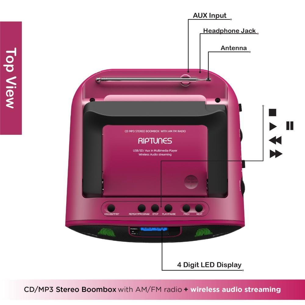 Impecca CDB237BTP CD MP3 Boombox with Bluetooth and LED Display Pink