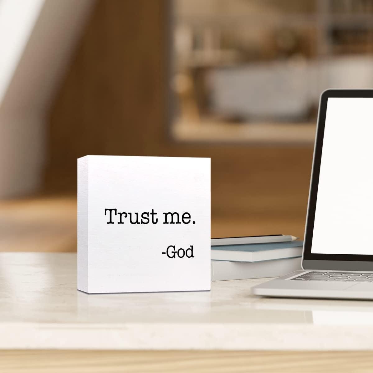 Trust Me God Wooden Sign Desk Decor,Inspirational Christian Wood Block Sign Desk Decorations for Christian Home Bedroom Girls Room Office Shelf Table Decor 5*5 inch