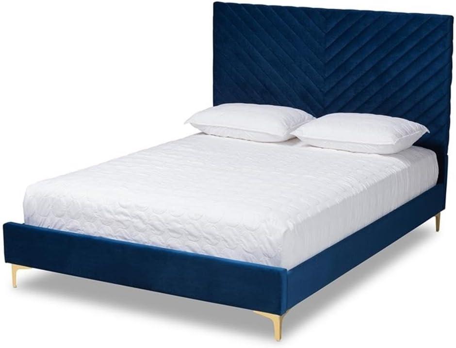King Fabrico Velvet Fabric Upholstered and Metal Platform Bed Navy Blue/Gold - Baxton Studio