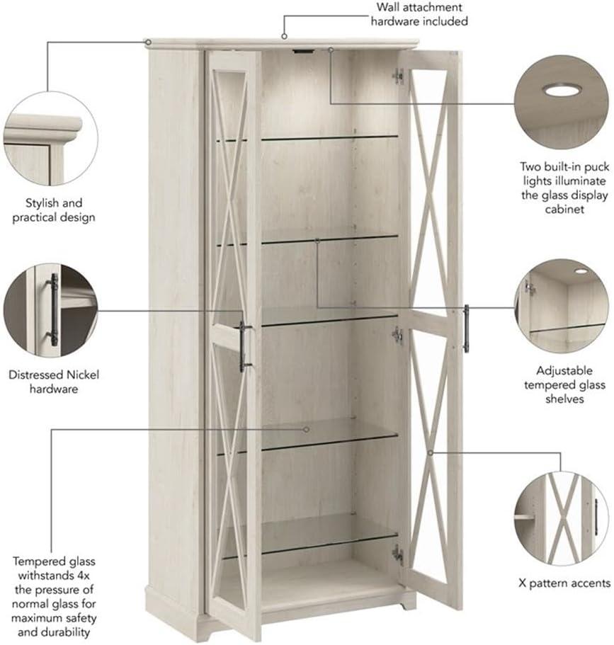 Bush Lennox Engineered Wood Curio Cabinet with Glass Doors in Linen White Oak