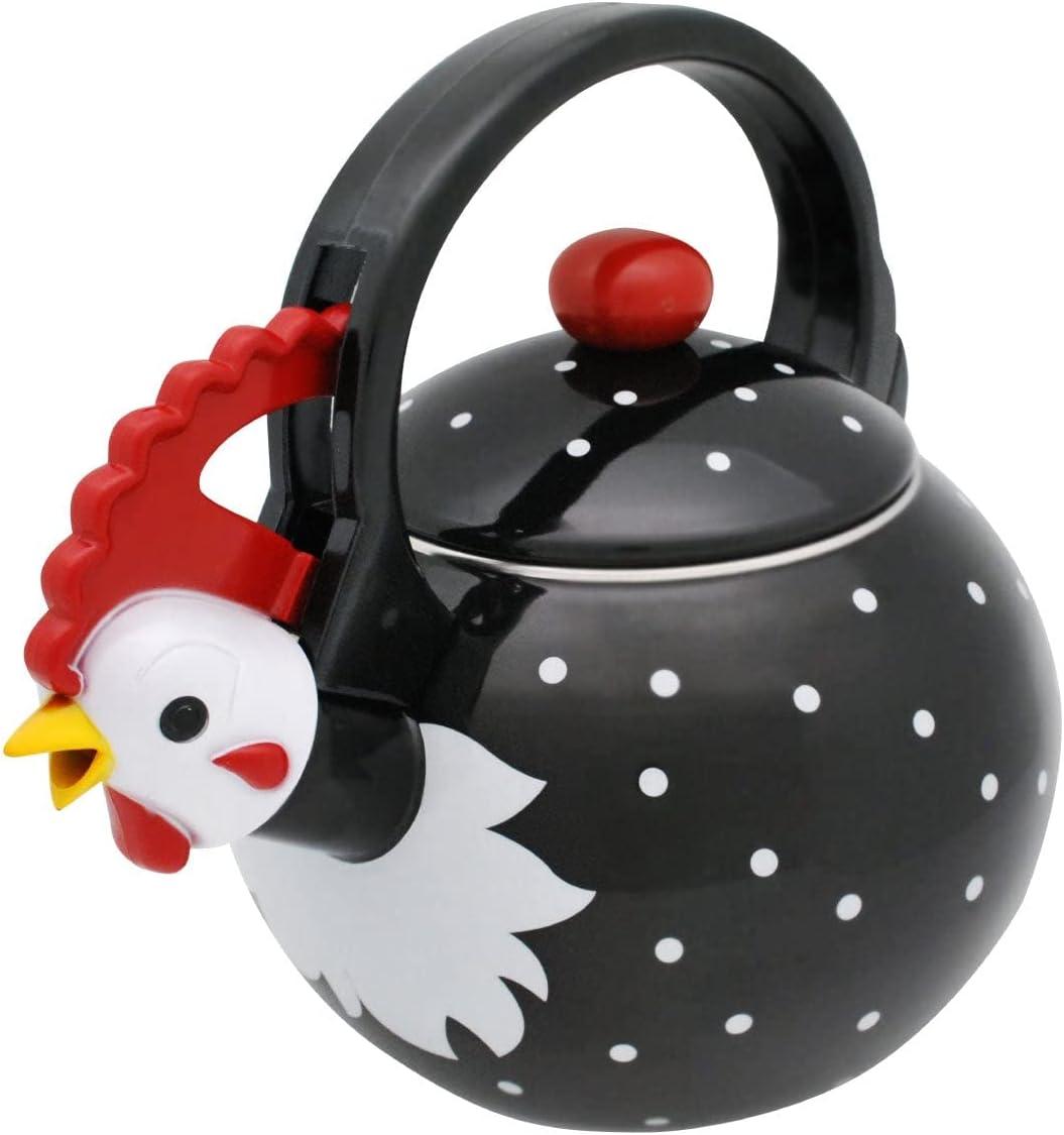 Black and White Polka Dot Rooster Enamel Whistling Tea Kettle