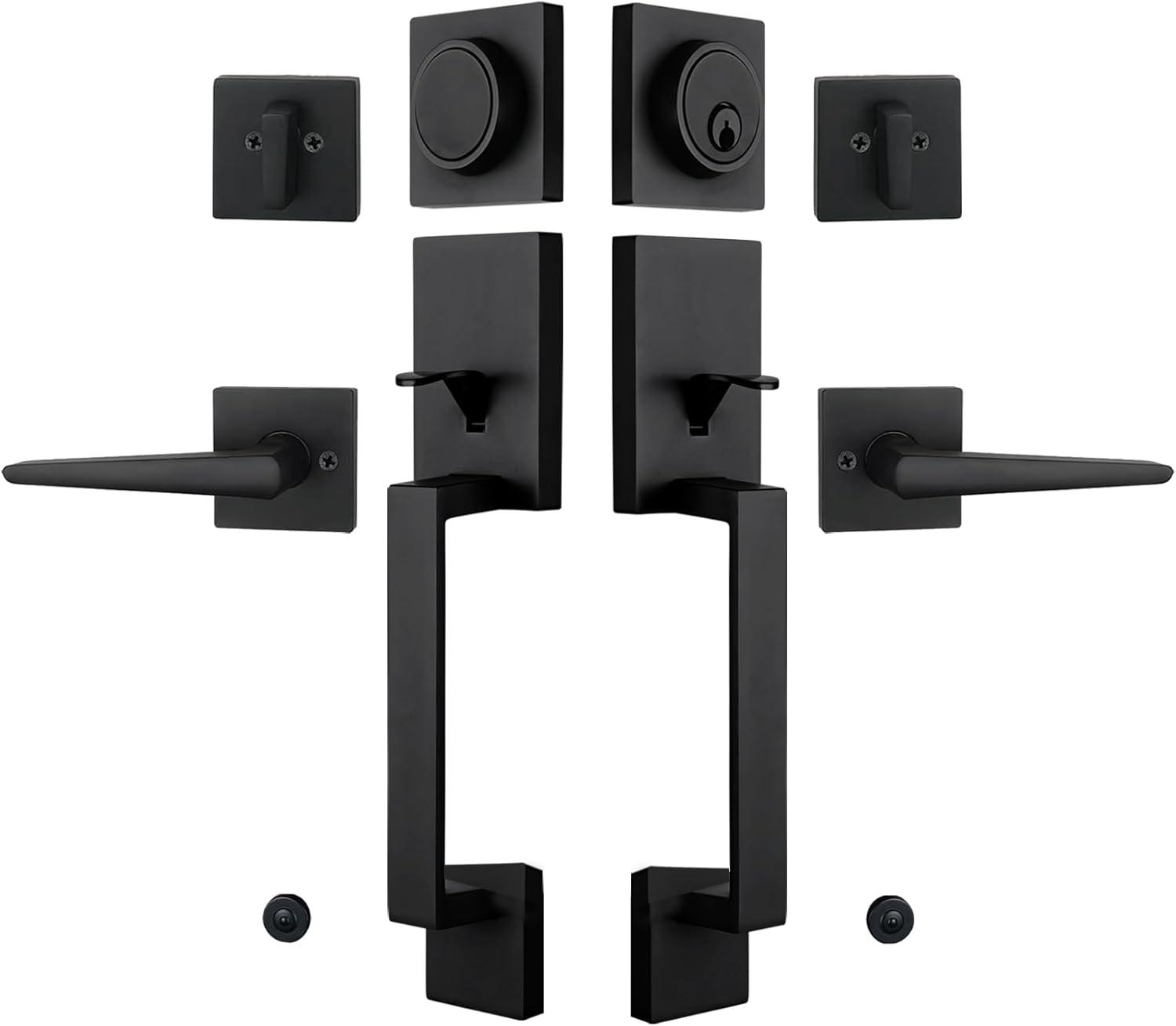 Double Door Handle Set, Matte Black Square Door Lever, Double Front Door Handle Set