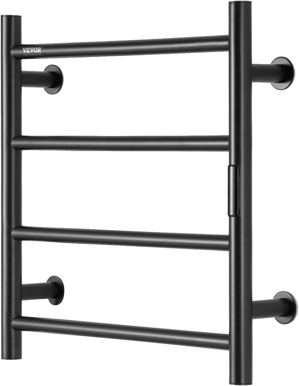 VEVOR 4 Bars Towel Warmer Rack, Wall Mounted Heated Towel Rack for Bathroom, IPX5 Waterpoof Towel Heater Rack with Timer & Display Screen, Black