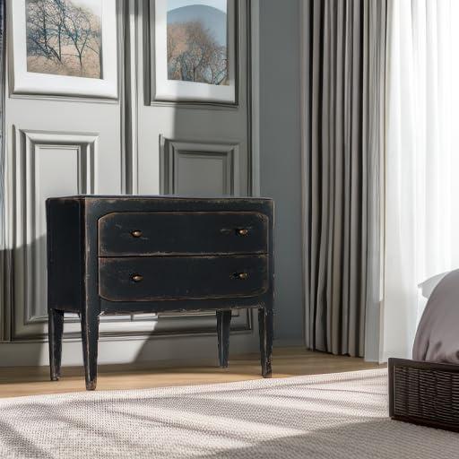 Distressed Black 34" Wood Two-Drawer Nightstand with USB Port