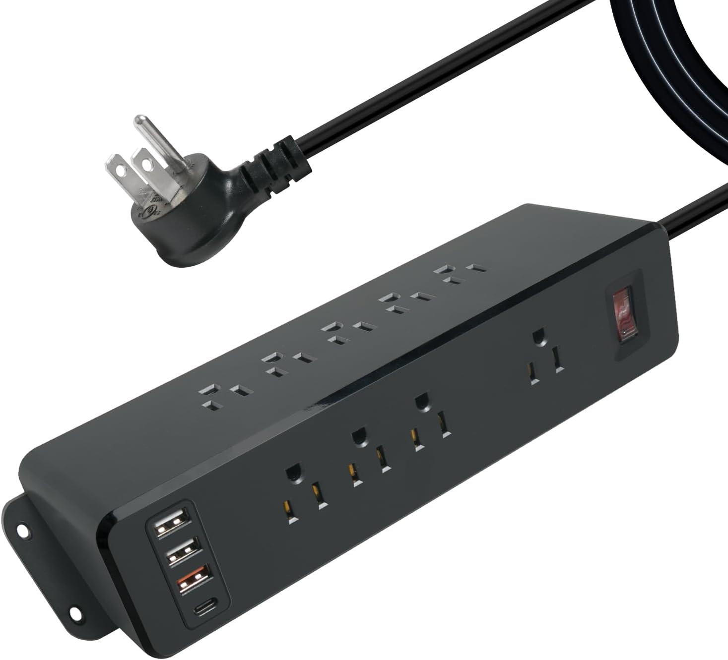 Black 9-Outlet Wall Mount Power Strip with USB-C and USB-A Ports