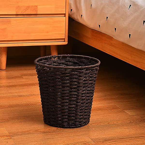 Round Wicker Waste Basket Paper Bin - Wicker Trash Basket - Woven Trash Can Rubbish Basket for Bedroom, Bathroom, Offices or Home (Brown)