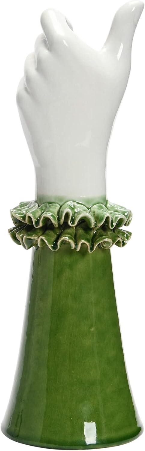 Creative Co-Op Stoneware Hand Vase with Ruffled Shirt Sleeve, Green and White