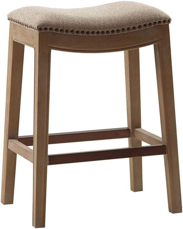 Beige Linen Saddle Style Backless Wood Counter Stool