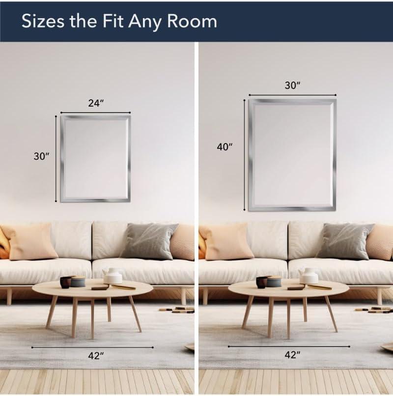 Head West Brushed Chrome Framed Bathroom Mirror - Beveled Edge Rectangle Vanity Mirror - Modern Living Room Accent and Home Decor with Vertical and Horizontal Mount - 24" x 30"