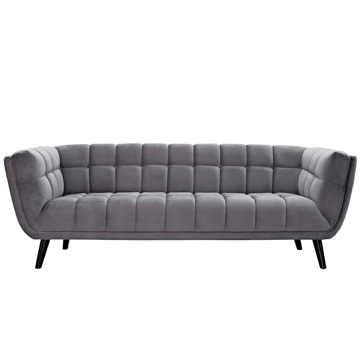 Elegant Gray Velvet Tufted Sofa with Track Arms