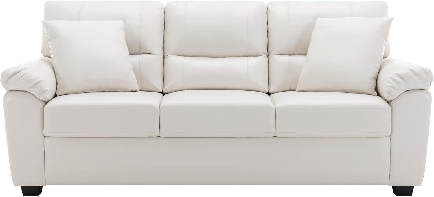 White Faux Leather Three-Seater Sofa with Removable Cushions