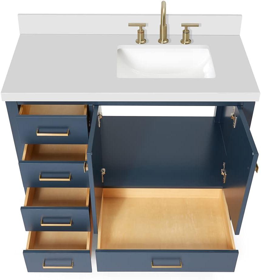 ARIEL Cambridge 43 Inch Midnight Blue Bathroom Vanity with Single Sink, Solid Wood, White Quartz Countertop, 1.5-Inch Edge, Right Rectangular Undermount Sink, 2 Soft Closing Doors, 5 Drawers