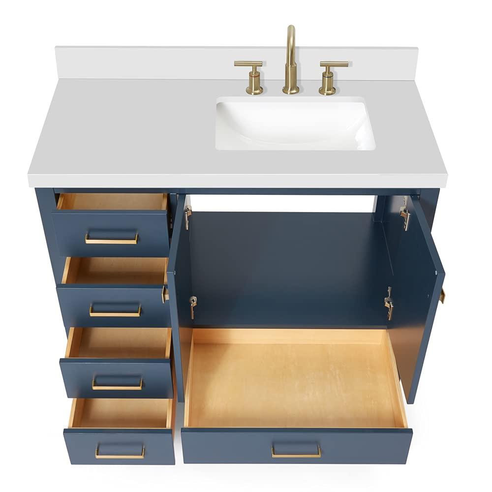 ARIEL Cambridge 43 Inch Midnight Blue Bathroom Vanity with Single Sink, Solid Wood, White Quartz Countertop, 1.5-Inch Edge, Right Rectangular Undermount Sink, 2 Soft Closing Doors, 5 Drawers