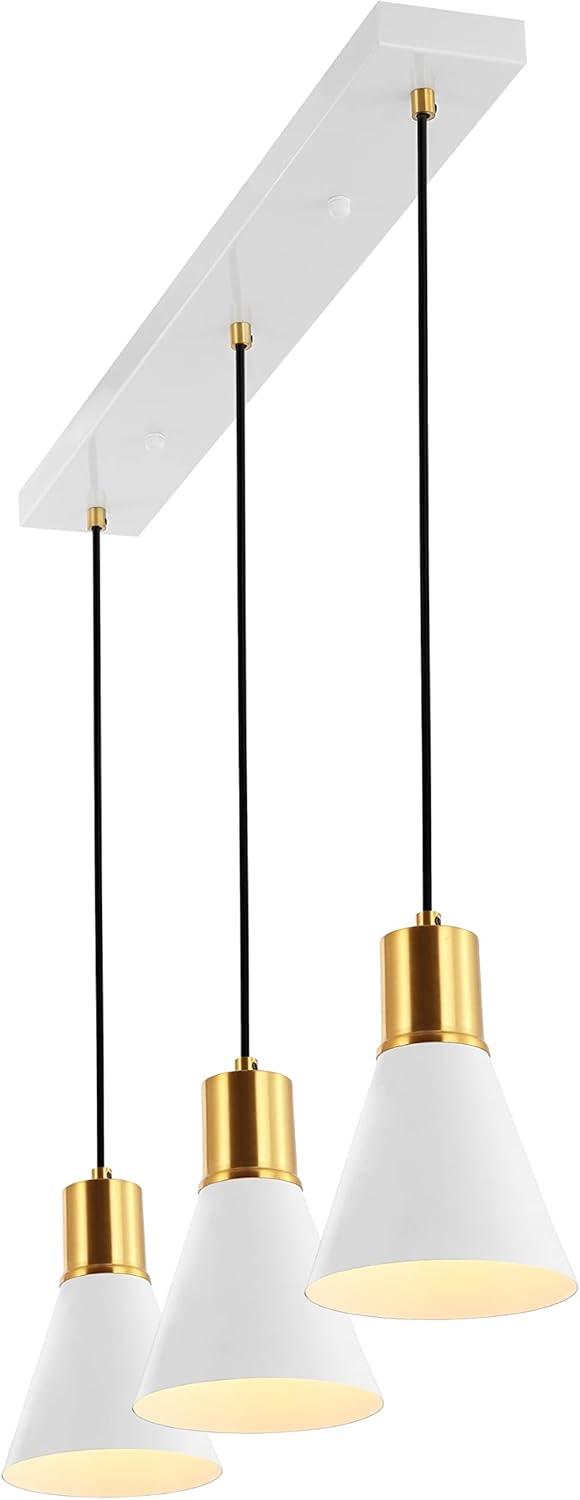 Apollo 33.5" 3-Light Mid-Century Modern Iron Adjustable Linear LED Pendant, White/Brass Gold