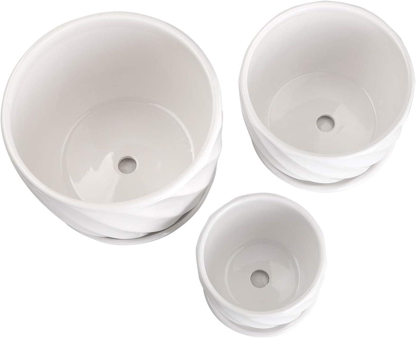 Set of 3 White Ceramic Indoor/Outdoor Planters with Saucers