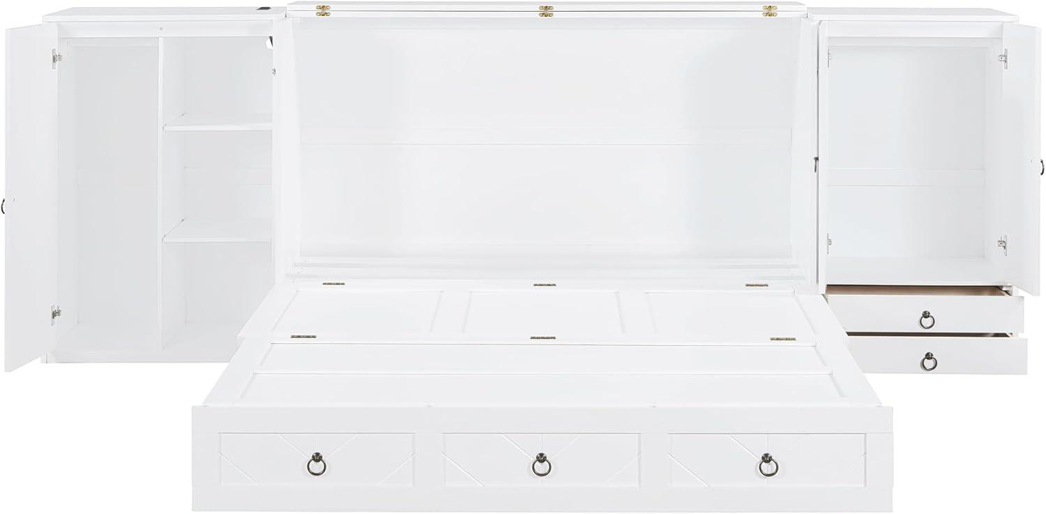 Queen Size Murphy Bed Wall Bed, Solid Pine Murphy Bed Chest Cube Cabinet Bed with USB, Charging Station, Bookshelves and Storage Wardrobes and Drawers for Home Office or Small Room-White