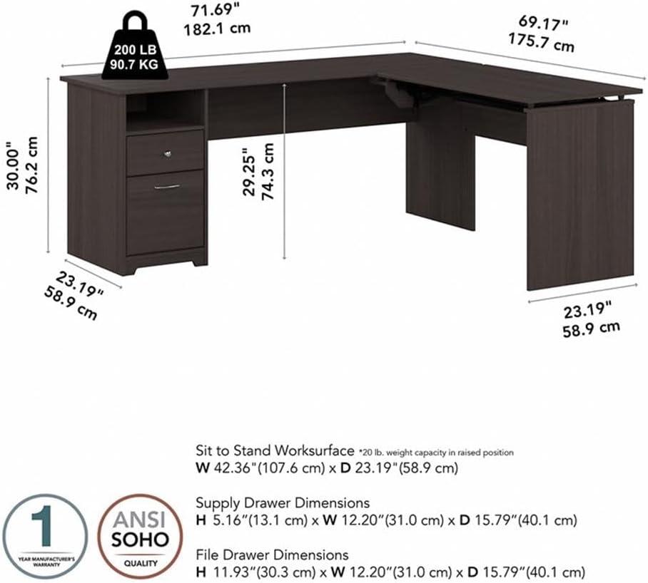 Cabot 72W 3 Position Sit to Stand L Desk in Heather Gray - Engineered Wood