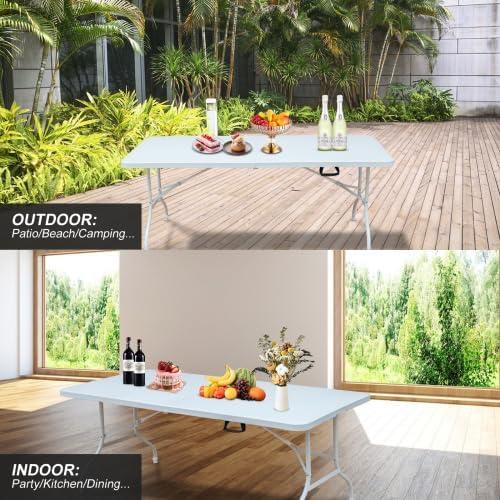 6FT Placstic Folding Camping Table, Indoor Outdoor Heavy Duty Portable Table with Carrying Handle for Dining Picnic Party, Easy to Clean, White