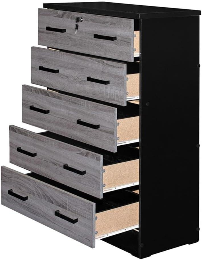 Cindy 5 Drawer Chest Wooden Dresser with Lock, Ebony Black