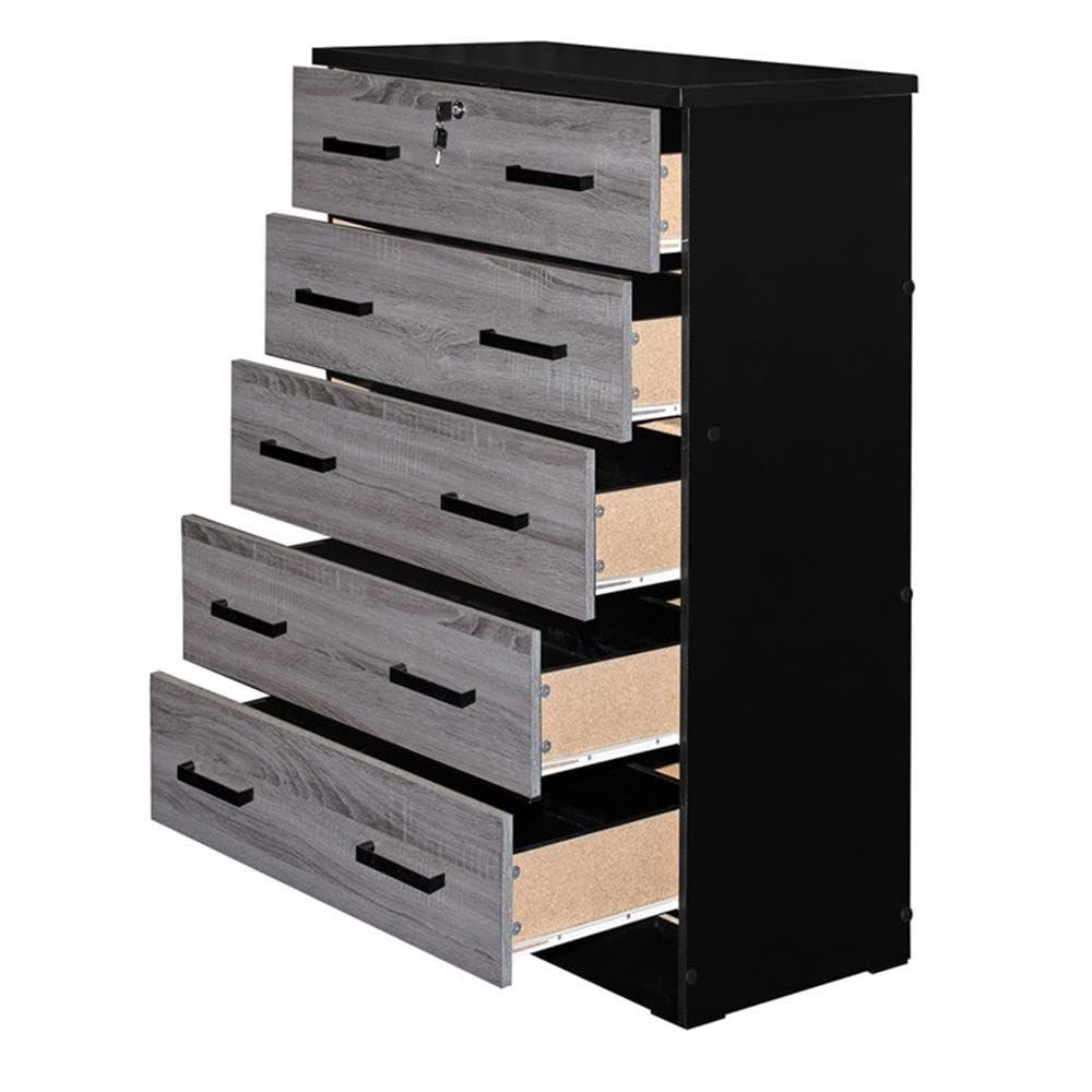 Cindy 5 Drawer Chest Wooden Dresser with Lock, Ebony Black