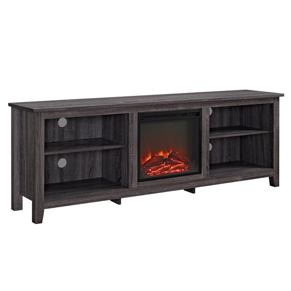 we furniture 70" wood media tv stand console with fireplace - charcoal