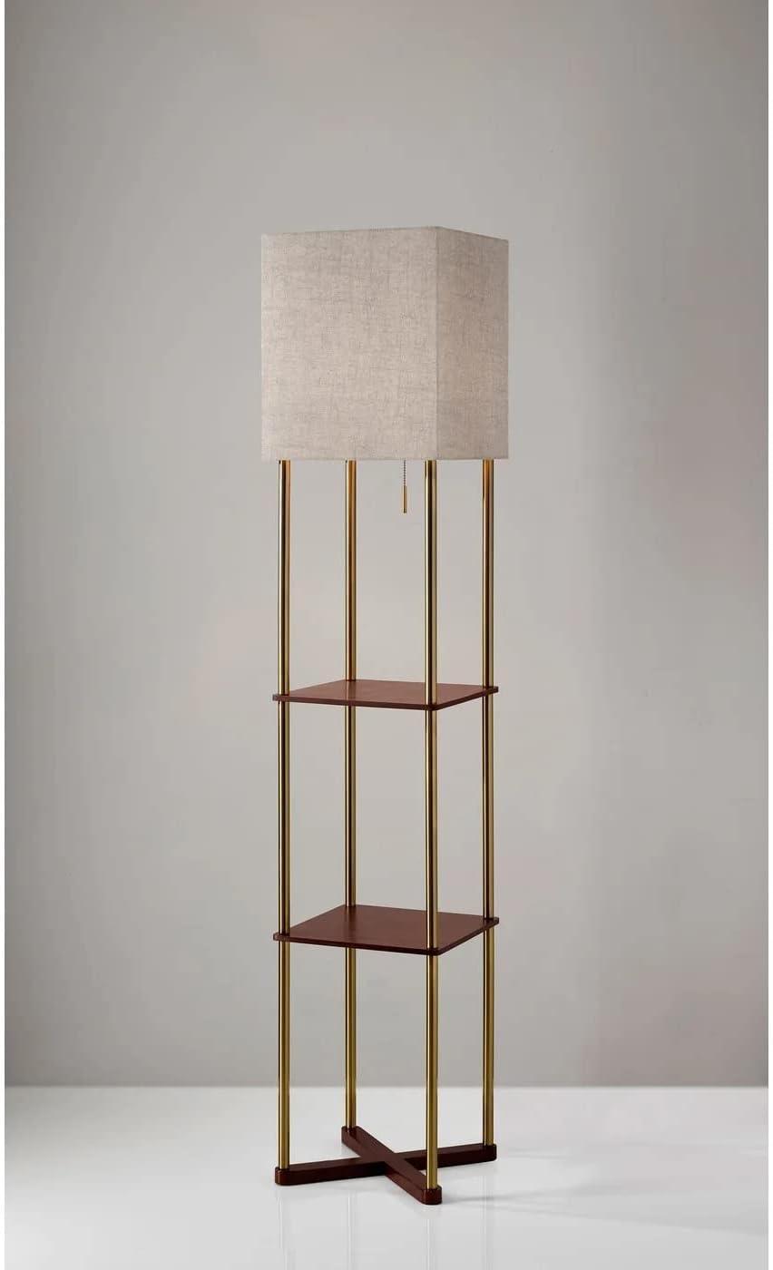 Adesso 62.25" Harrison Shelf Floor Lamp Brass: Wood Material, Electric Power, UL Listed, E26 Socket