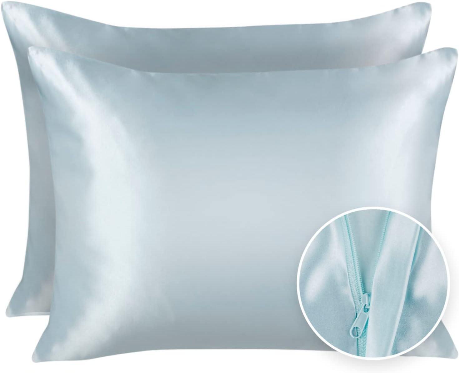Blissford Luxury Baby Blue Satin Pillowcase with Zipper Closure, Standard 2-Pack