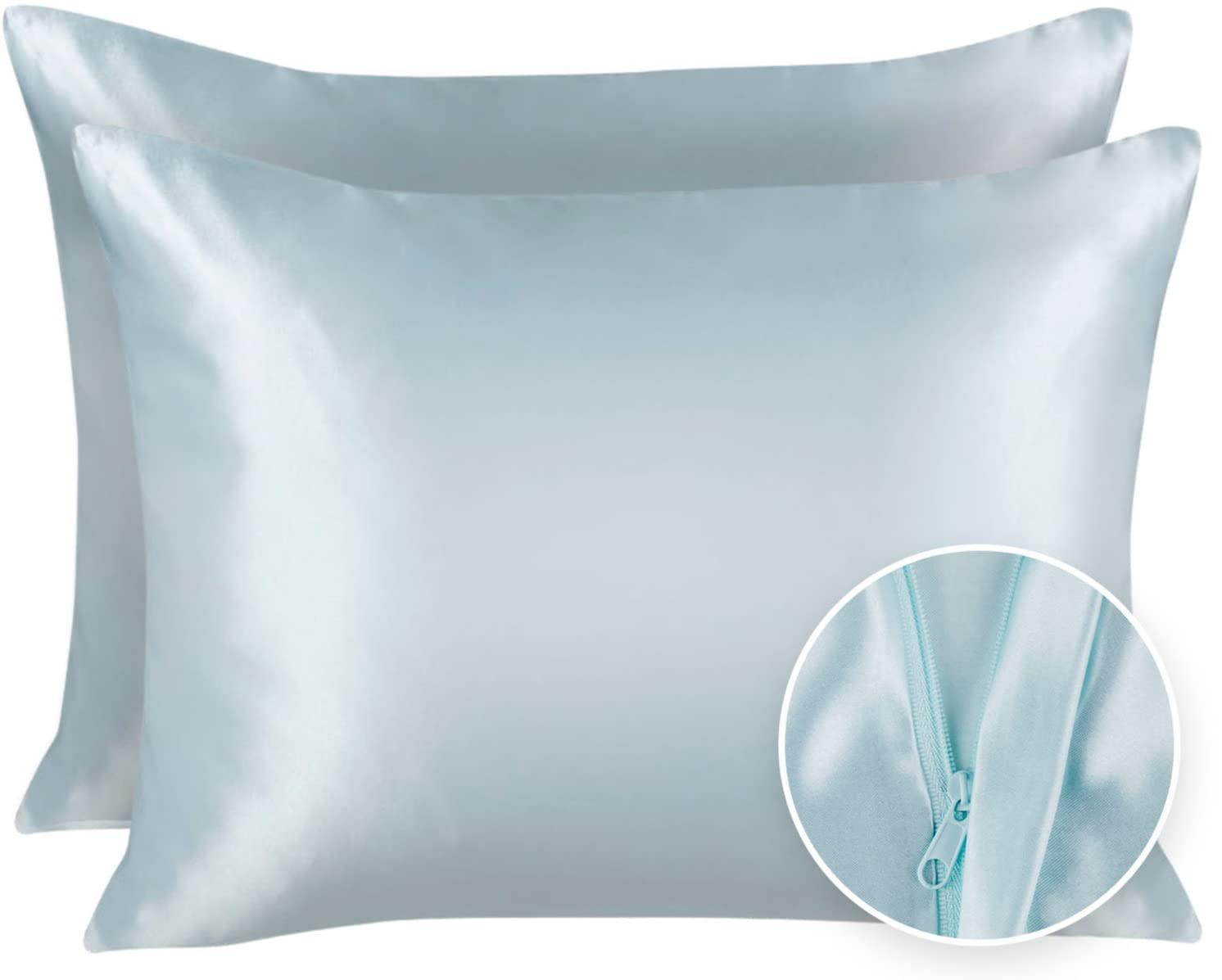 Blissford Luxury Baby Blue Satin Pillowcase with Zipper Closure, Standard 2-Pack