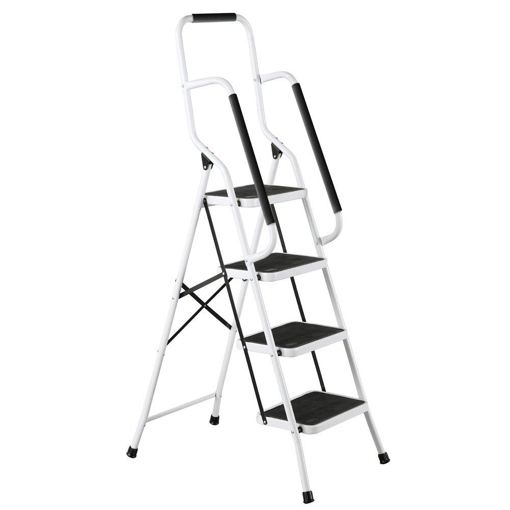 Collections Etc. Folding Anti-Slip Safety Step Ladder with Handrail Grips for Home or Office, Four Steps, 62.5 inches tall, White, White