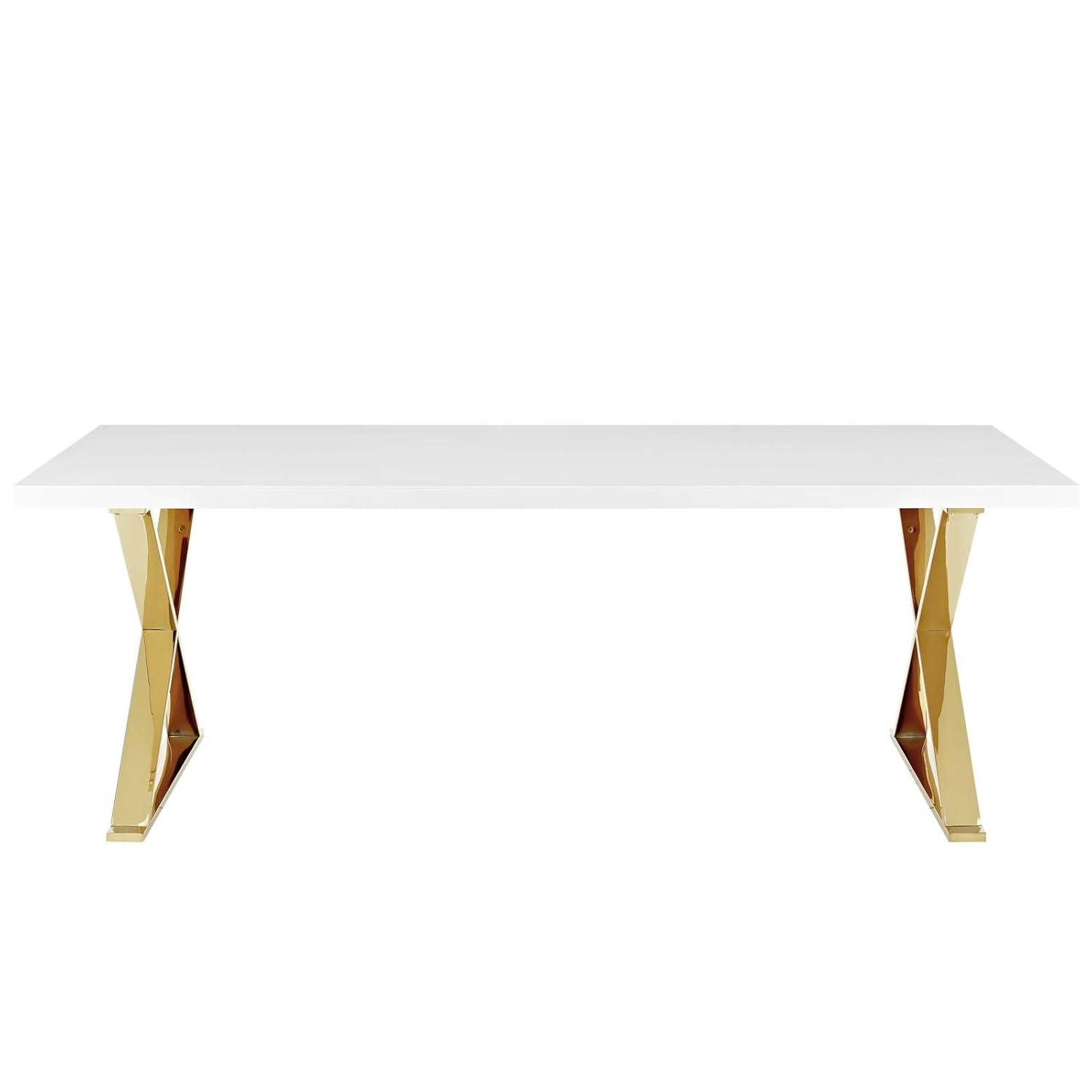 Modway Sector 87" Wood & Stainless Steel Cross Base Dining Table in White/Gold