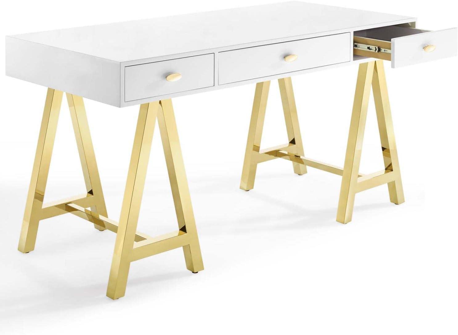 Sleek Gold & White Retro Modern Office Desk with Drawers