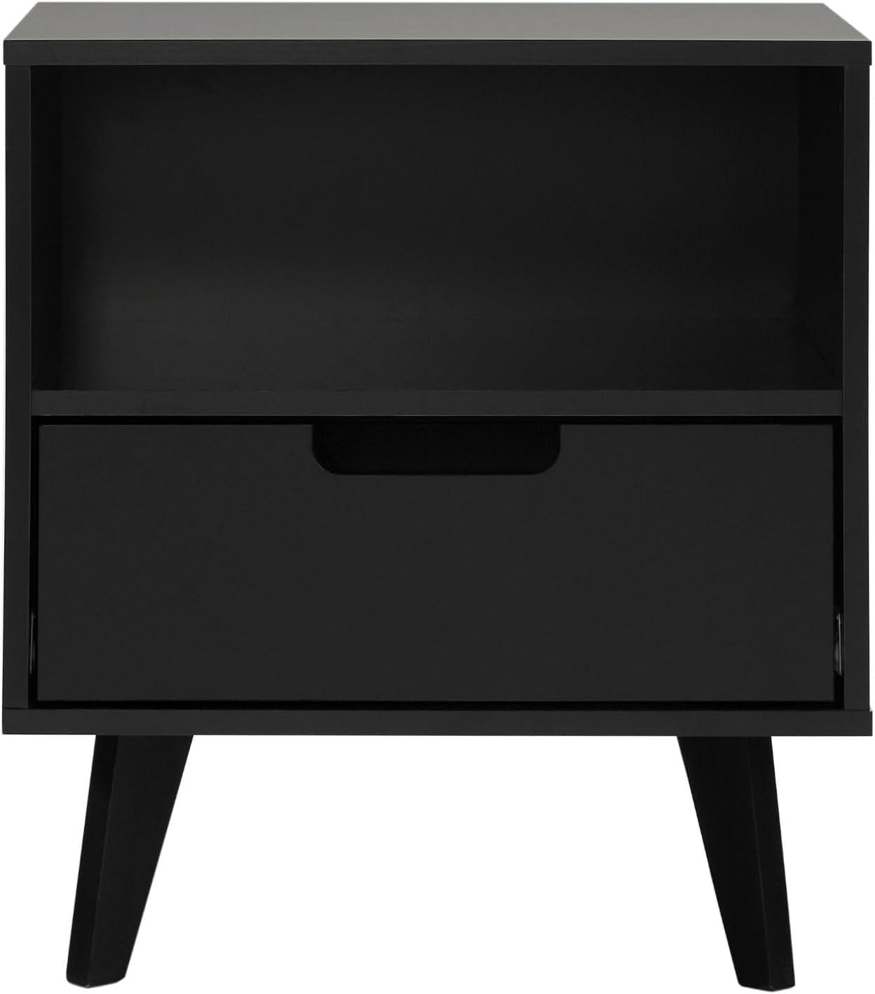 Black Mid-Century Modern 1-Drawer Nightstand with Open Cubby