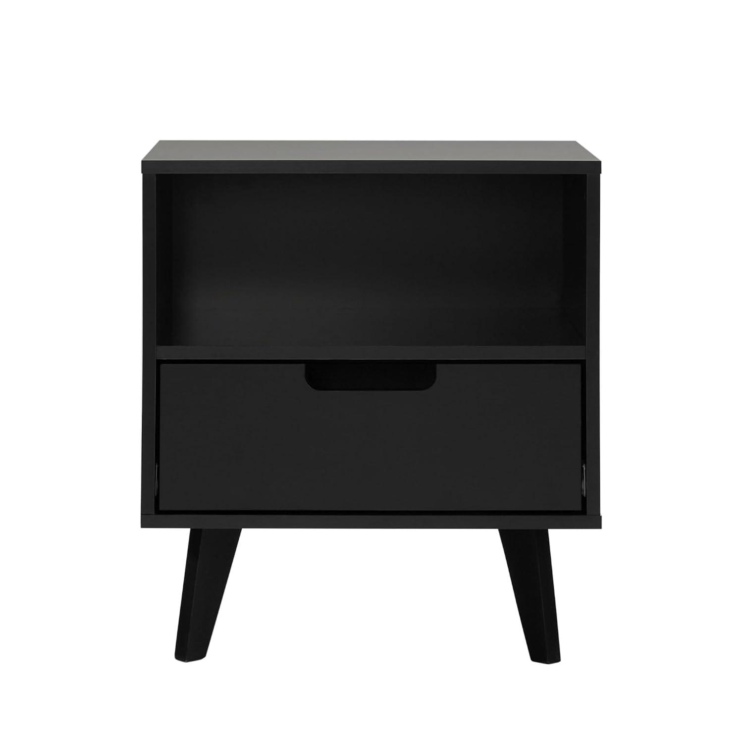 Black Mid-Century Modern 1-Drawer Nightstand with Open Cubby