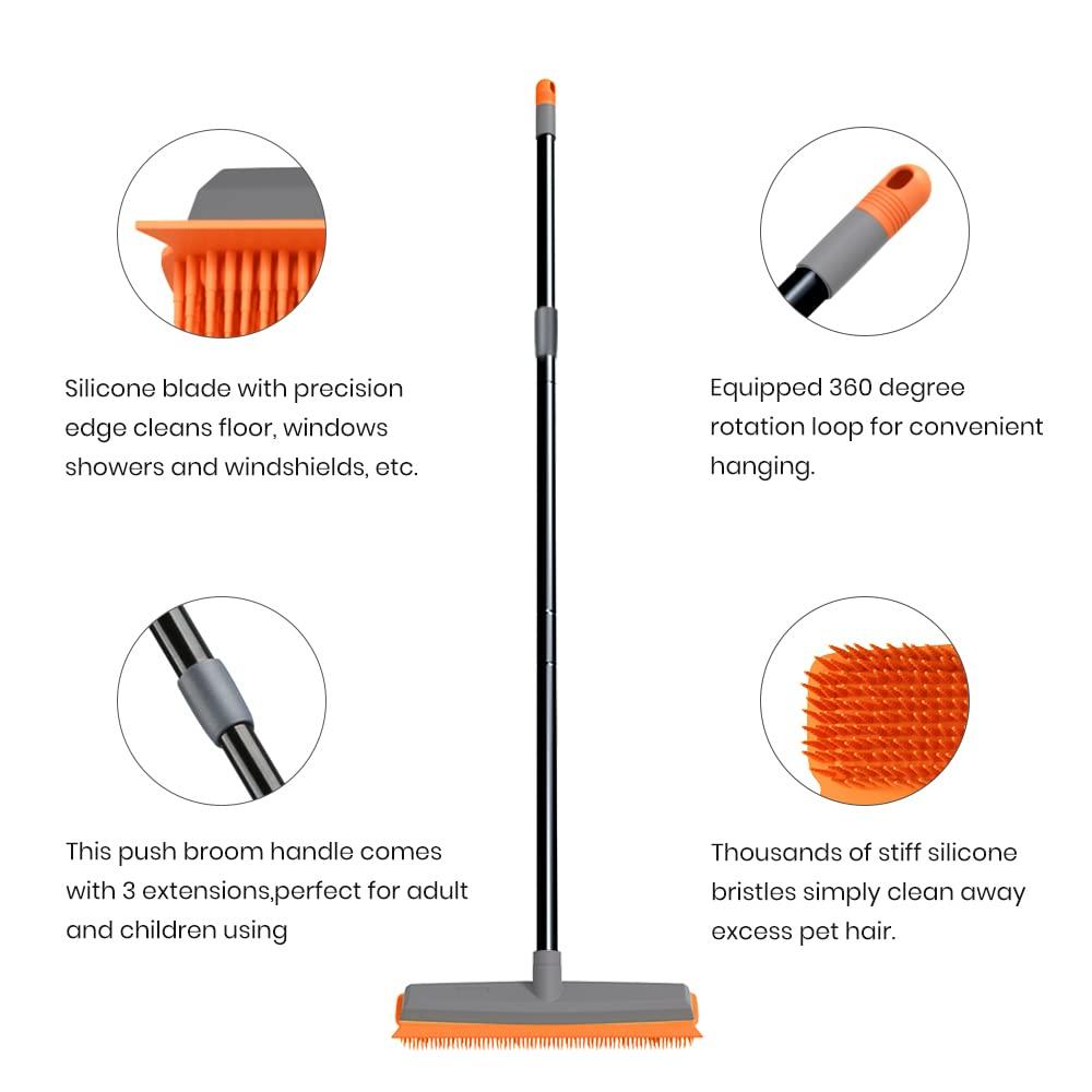 Rubber Push Handle Broom for Hardwood Floor,Carpet Rake Pet Hair Remover Broom
