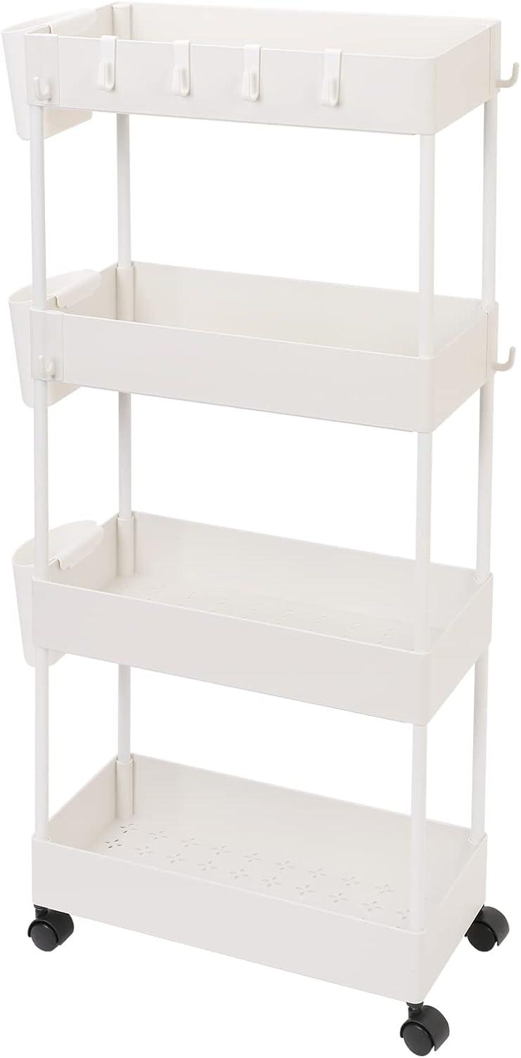 White 4-Tier Slim Rolling Utility Cart with Mesh Baskets