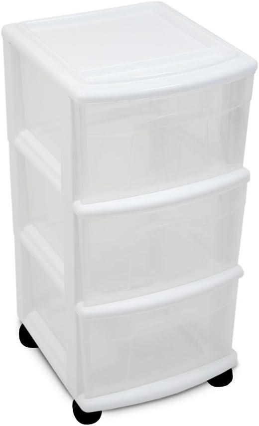 HOMZ Drawer Tower, 3-Tier Clear Plastic Storage Organizer Cart, White Frame - Heavy-Duty Organizing Drawers for Home, Bedroom, and Closet Organization