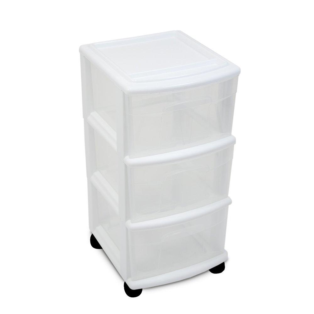 HOMZ Drawer Tower, 3-Tier Clear Plastic Storage Organizer Cart, White Frame - Heavy-Duty Organizing Drawers for Home, Bedroom, and Closet Organization