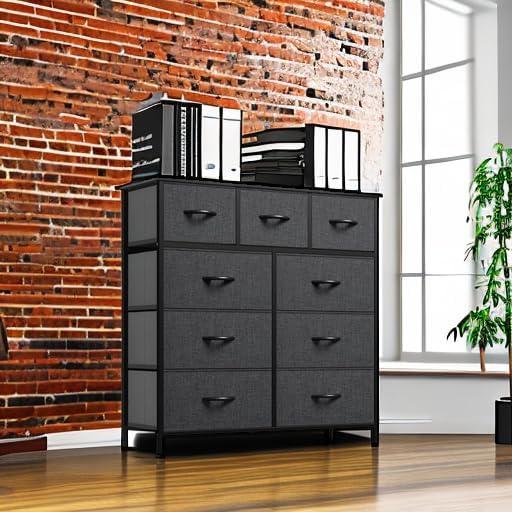 Black Gray 9-Drawer Fabric Storage Tower with Wooden Top