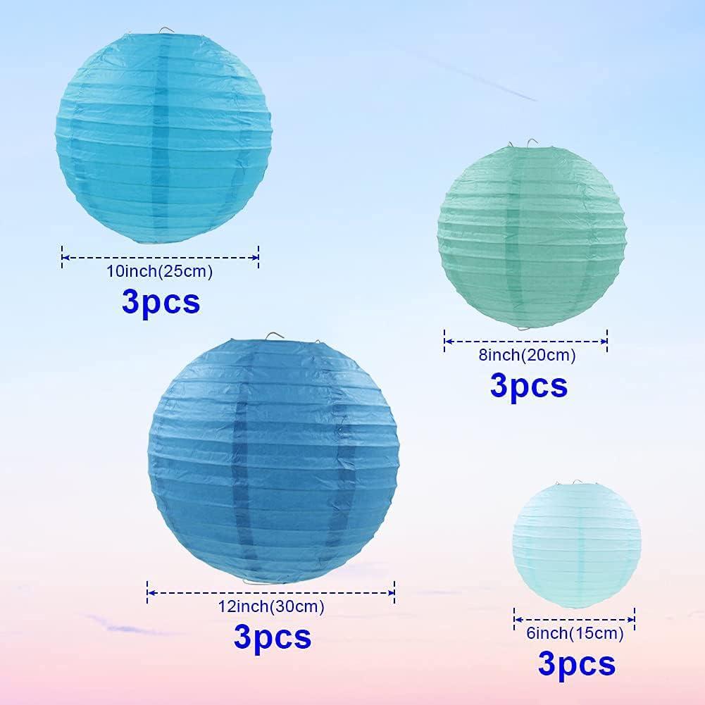 Blue Paper Lanterns 12 Pcs Assorted size of 6" 8" 10" 12" Chinese Round Paper Hanging Decorations Lanterns Lamps for Home Decorations, Parties, and Weddings