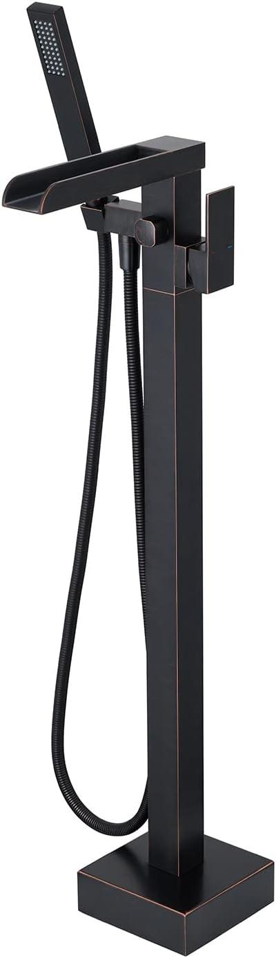 Single-Handle Floor Mount Freestanding Tub Faucet Waterfall Tub Filler with Handheld Shower in Oil Rubbed Bronze